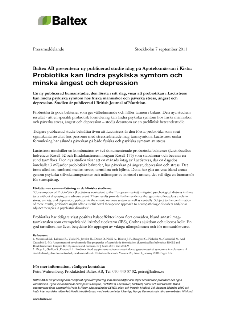 Baltex AB presenterar ny publicerad studie idag på Apoteksmässan i Kista: Probiotika kan lindra psykiska symtom och minska ångest och depression 