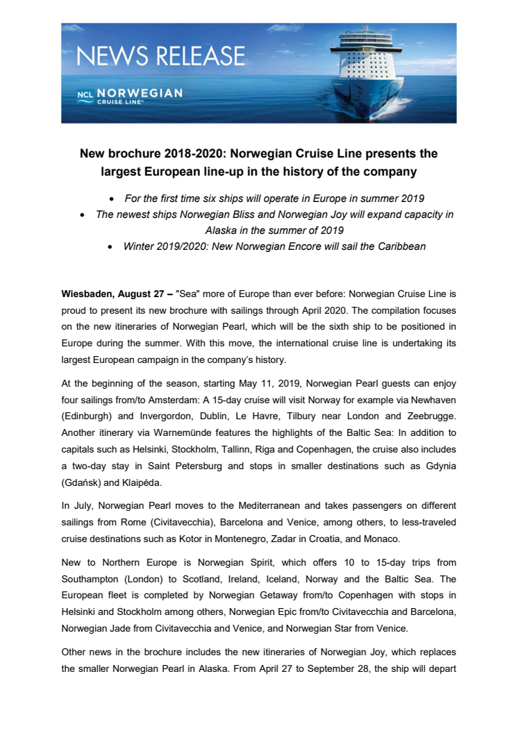 New brochure 2018-2020: Norwegian Cruise Line presents the largest European line-up in the history of the company 
