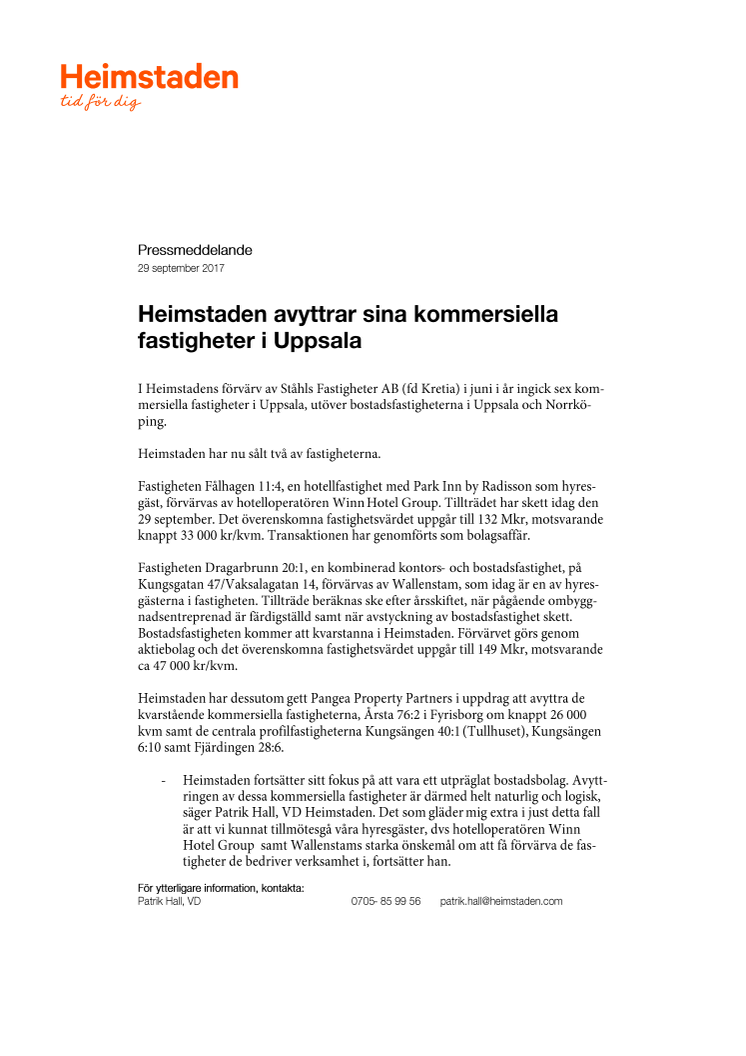 Heimstaden avyttrar sina kommersiella fastigheter i Uppsala