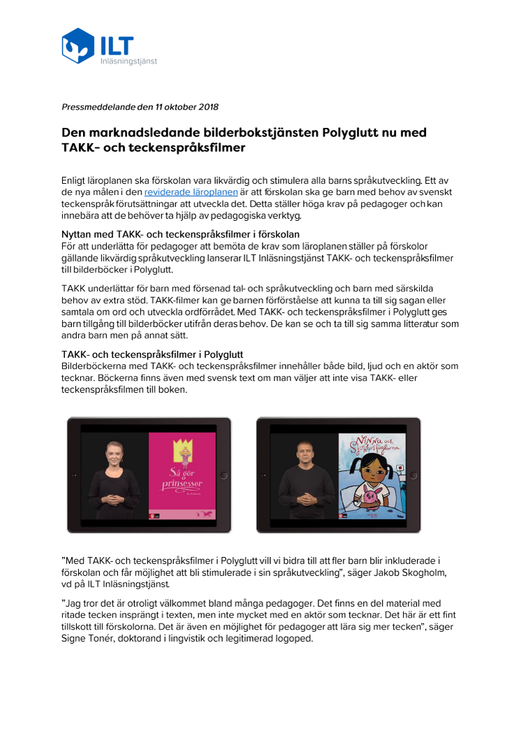 Den marknadsledande bilderbokstjänsten Polyglutt nu med TAKK- och teckenspråksfilmer