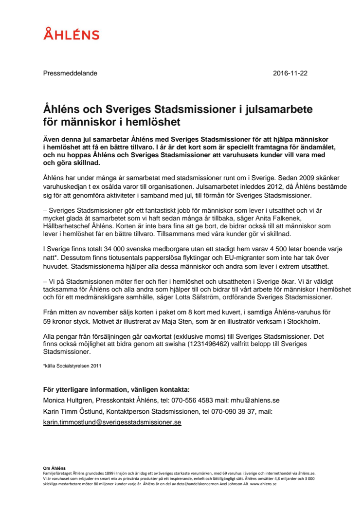 Åhléns och Sveriges Stadsmissioner i julsamarbete för människor i hemlöshet