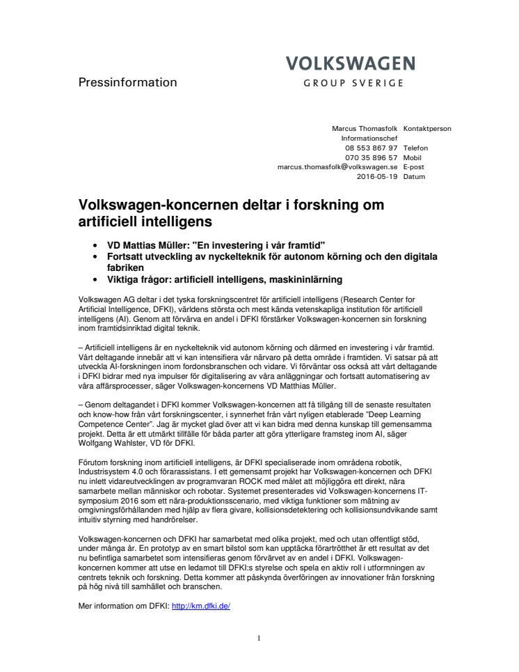 Volkswagen-koncernen deltar i forskning om artificiell intelligens