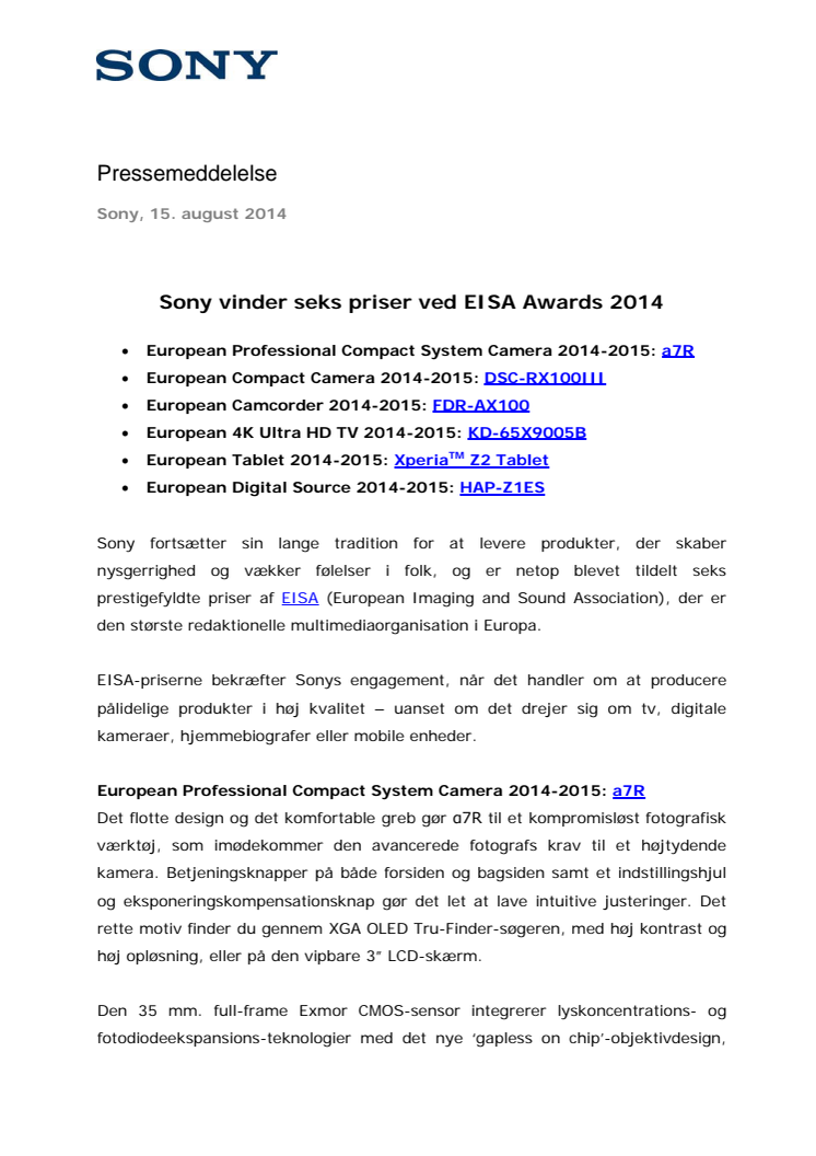Sony vinder seks priser ved EISA Awards 2014