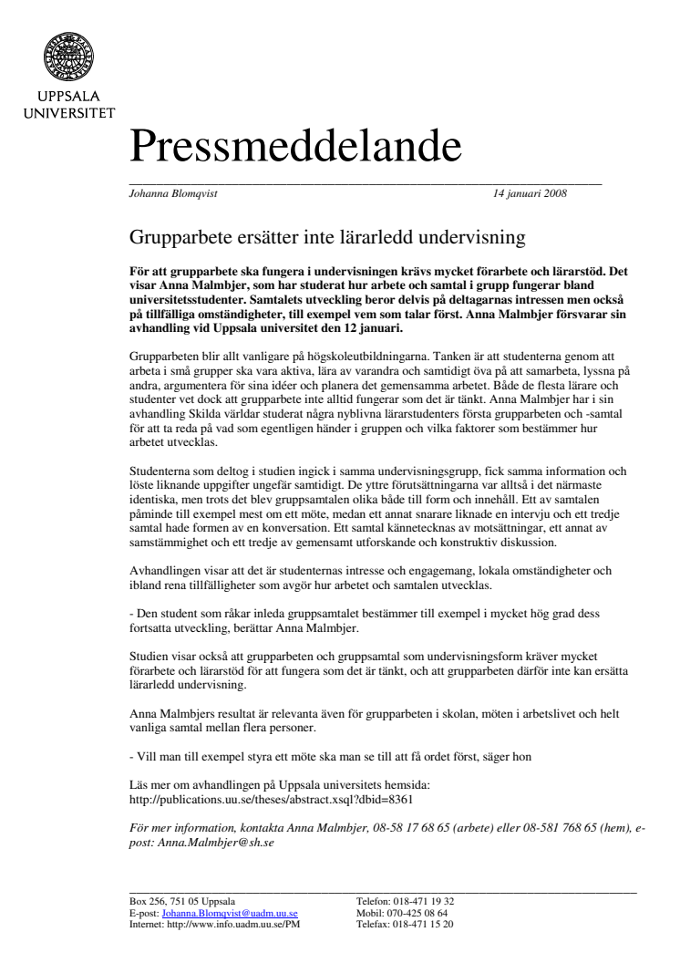 Grupparbete ersätter inte lärarledd undervisning