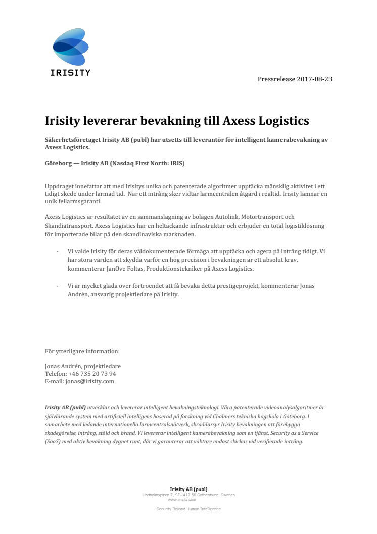 Irisity levererar bevakning till Axess Logistics