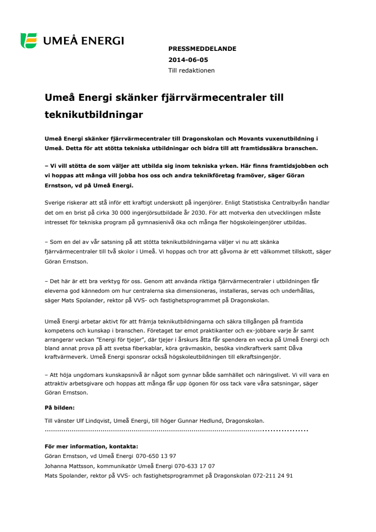 Umeå Energi skänker fjärrvärmecentraler till teknikutbildningar