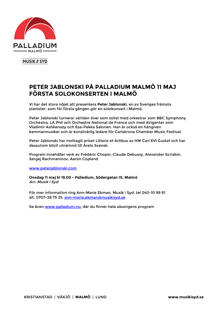 Peter Jablonski på Palladium Malmö 11 maj – första solokonserten i Malmö