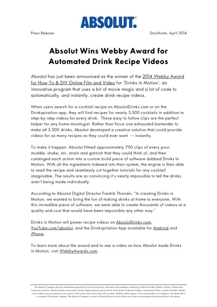 Absolut Wins Webby Award for Automated Drink Recipe Videos 
