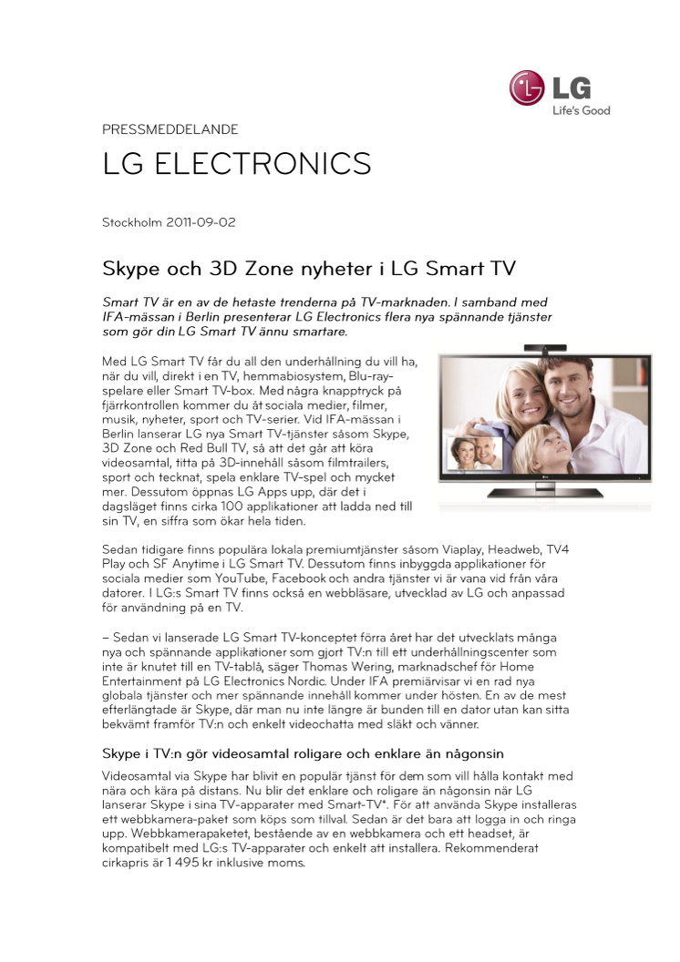 Skype och 3D Zone nyheter i LG Smart TV 