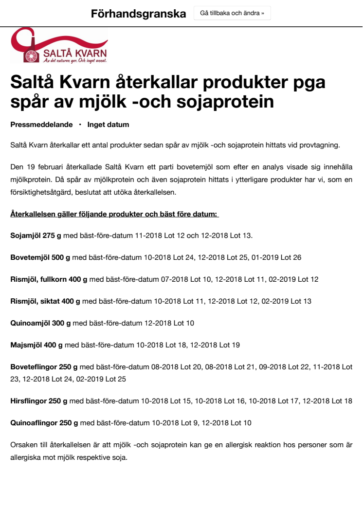 Saltå Kvarn återkallar produkter pga spår av mjölk -och sojaprotein