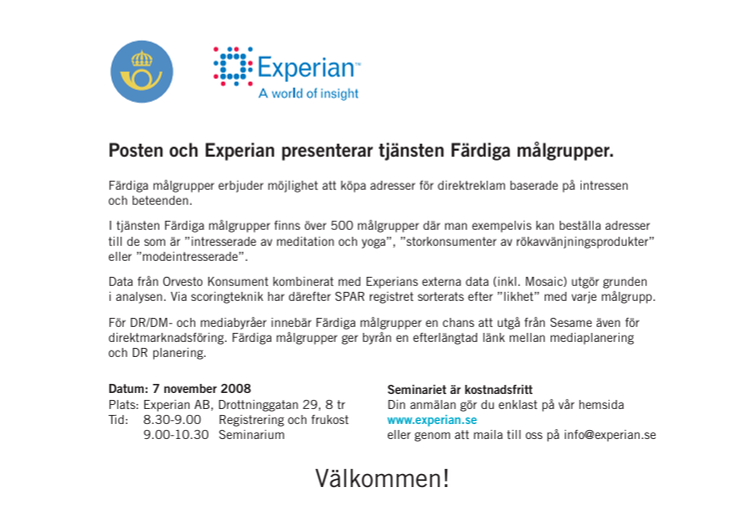 Posten och Experian presenterar tjänsten Färdiga målgrupper