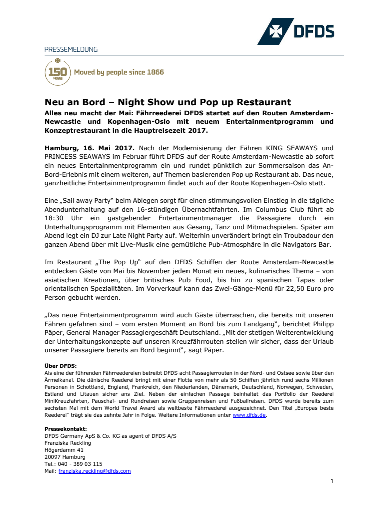 Neu an Bord – Night Show und Pop up Restaurant