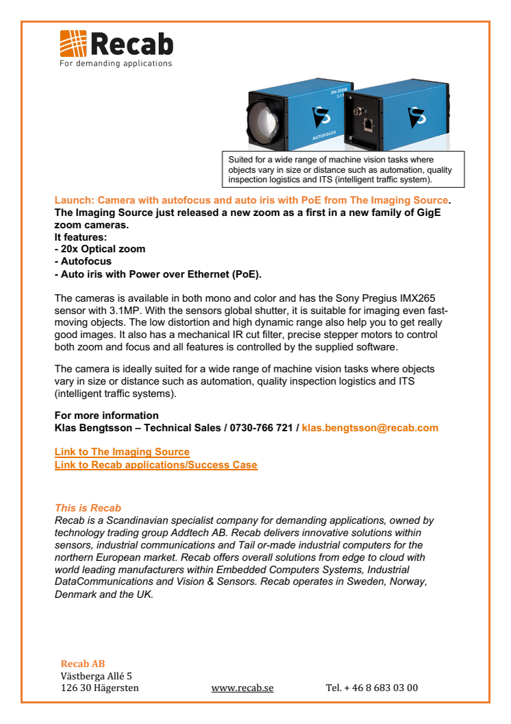 Launch: Camera with autofocus and auto iris with PoE from The Imaging Source.