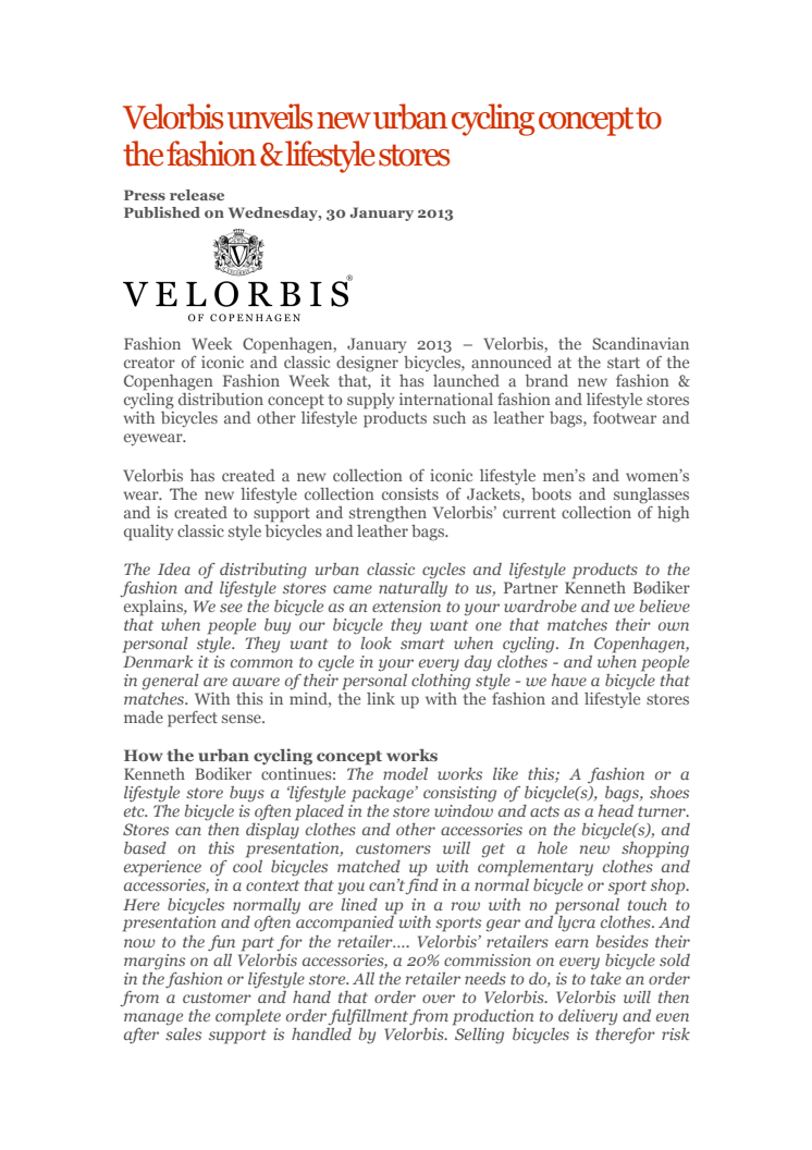 Velorbis AW13 Press Release