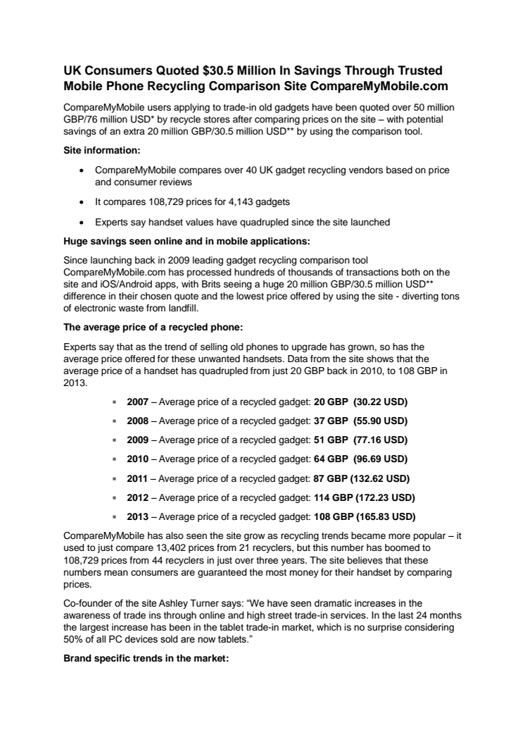 UK Consumers Quoted $30.5 Million In Savings Through Trusted Mobile Phone Recycling Comparison Site CompareMyMobile.com