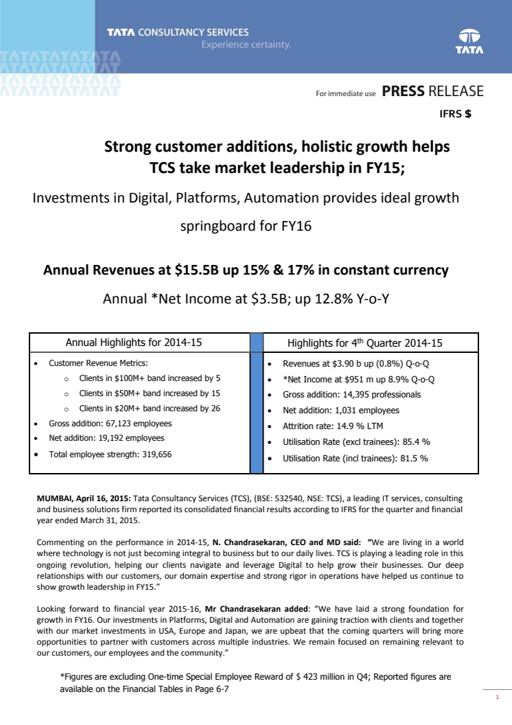 TCS announces FY15 financial results