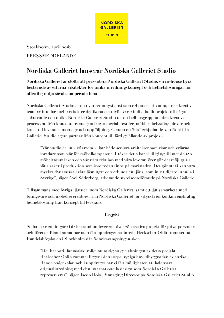 Nordiska Galleriet lanserar Nordiska Galleriet Studio