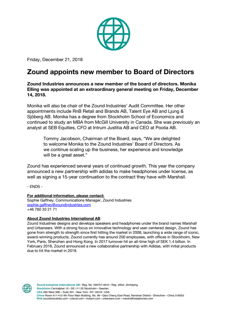 Zound appoints new member to Board of Directors