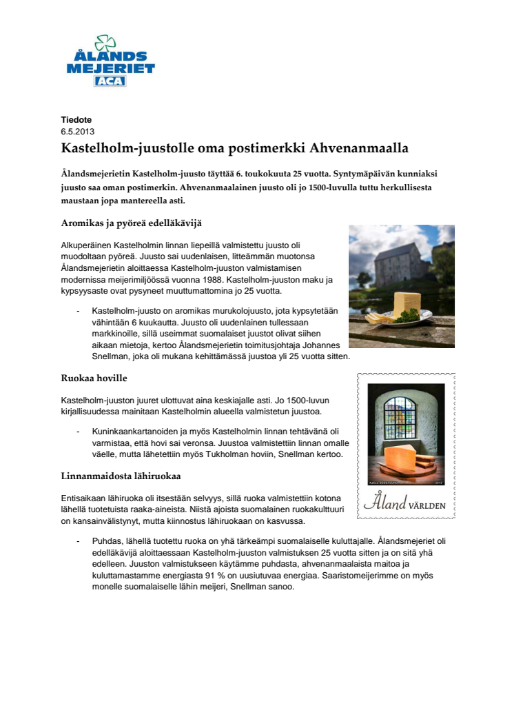 Ålandsmejerietin Kastelholm-juustolle oma postimerkki