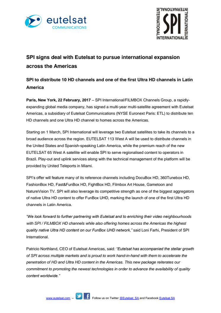 SPI signs deal with Eutelsat to pursue international expansion across the Americas