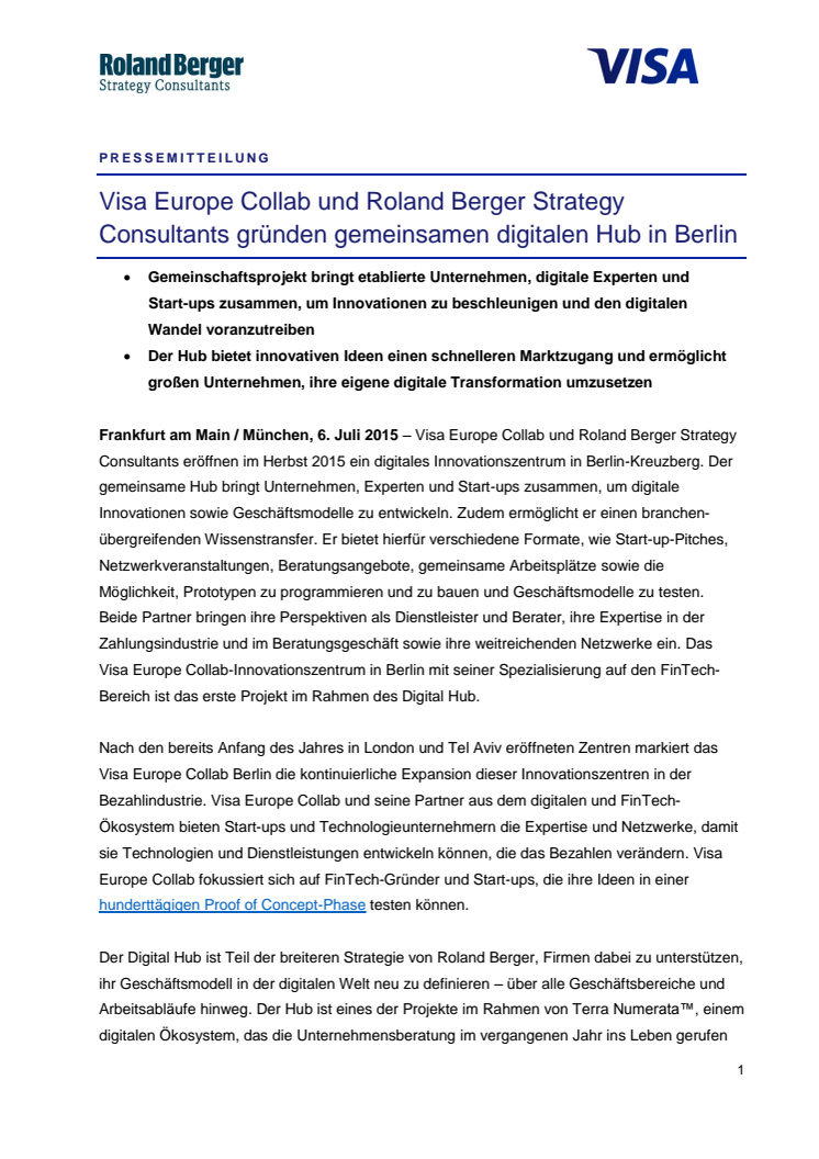 Visa Europe Collab und Roland Berger Strategy Consultants gründen gemeinsamen digitalen Hub in Berlin