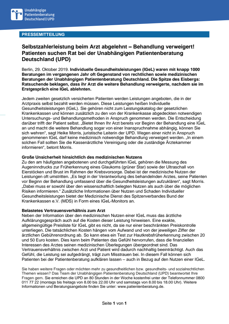 Selbstzahlerleistung beim Arzt abgelehnt – Behandlung verweigert! Patienten suchen Rat bei der Unabhängigen Patientenberatung Deutschland (UPD)