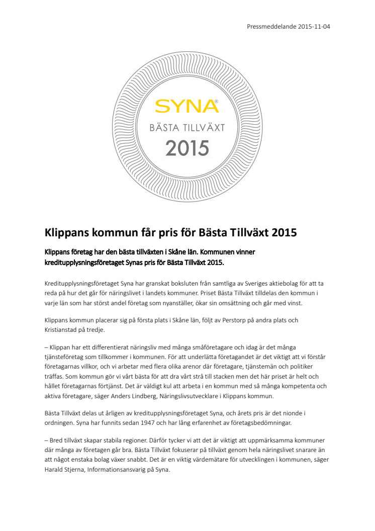 Klippans kommun får pris för Bästa Tillväxt 2015