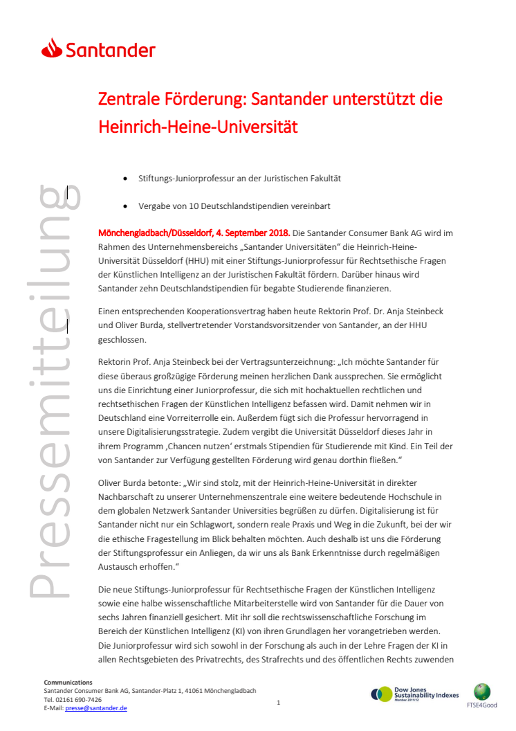 Zentrale Förderung: Santander unterstützt die Heinrich-Heine-Universität