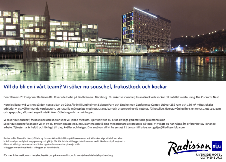 Radisson Blu Riverside söker kockar