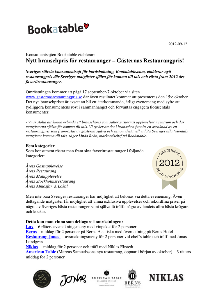 Bookatable lanserar nytt branschpris för restauranger - Gästernas Restaurangpris!