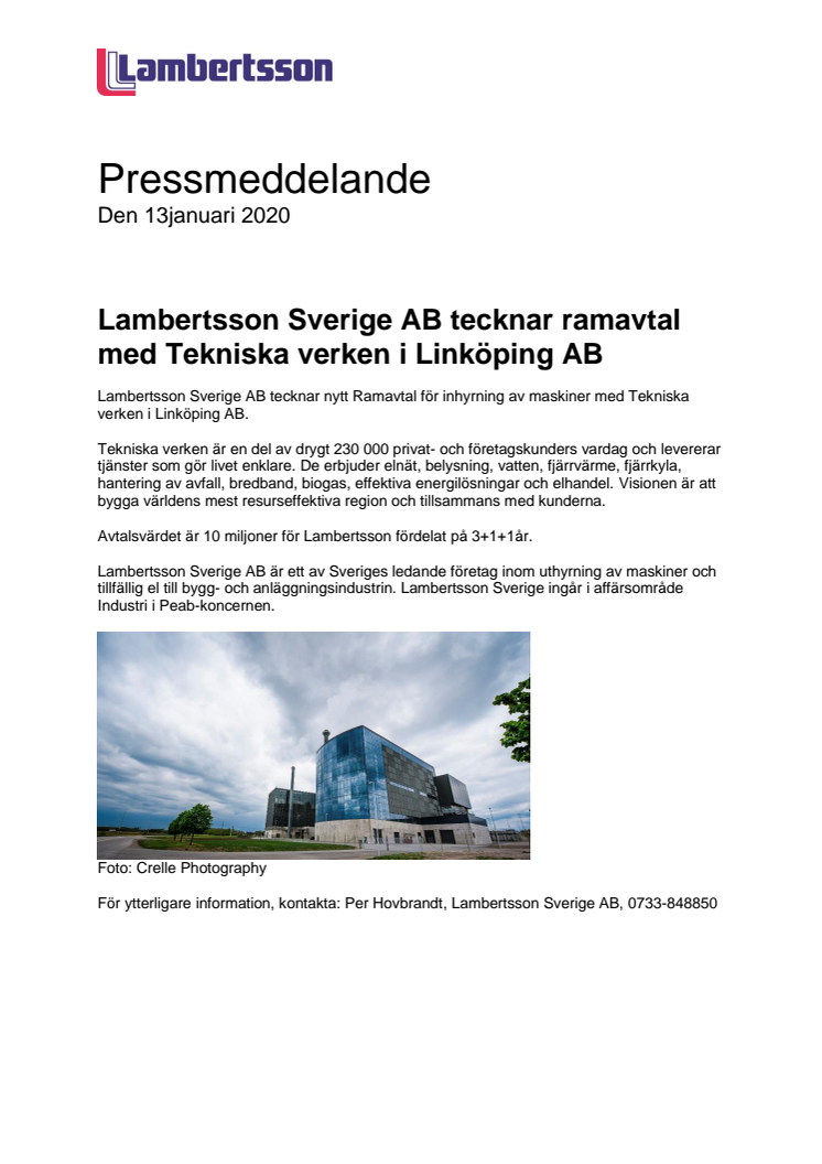 Lambertsson tecknar ramavtal med Tekniska Verken
