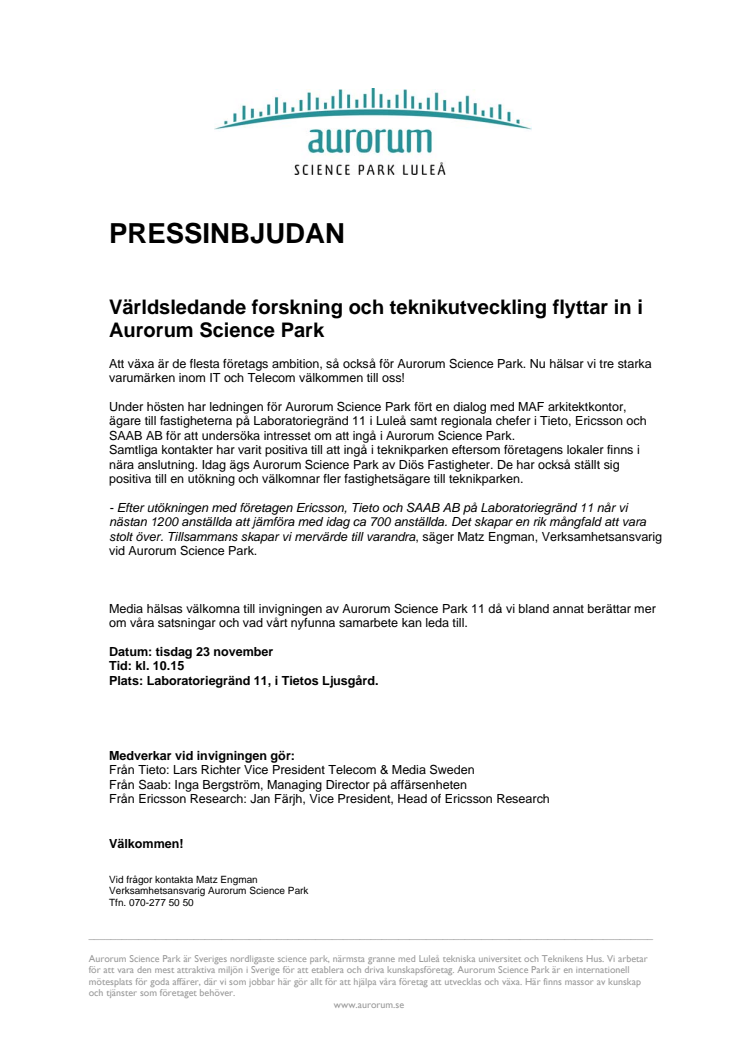 Världsledande forskning och teknikutveckling flyttar in i Aurorum Science Park