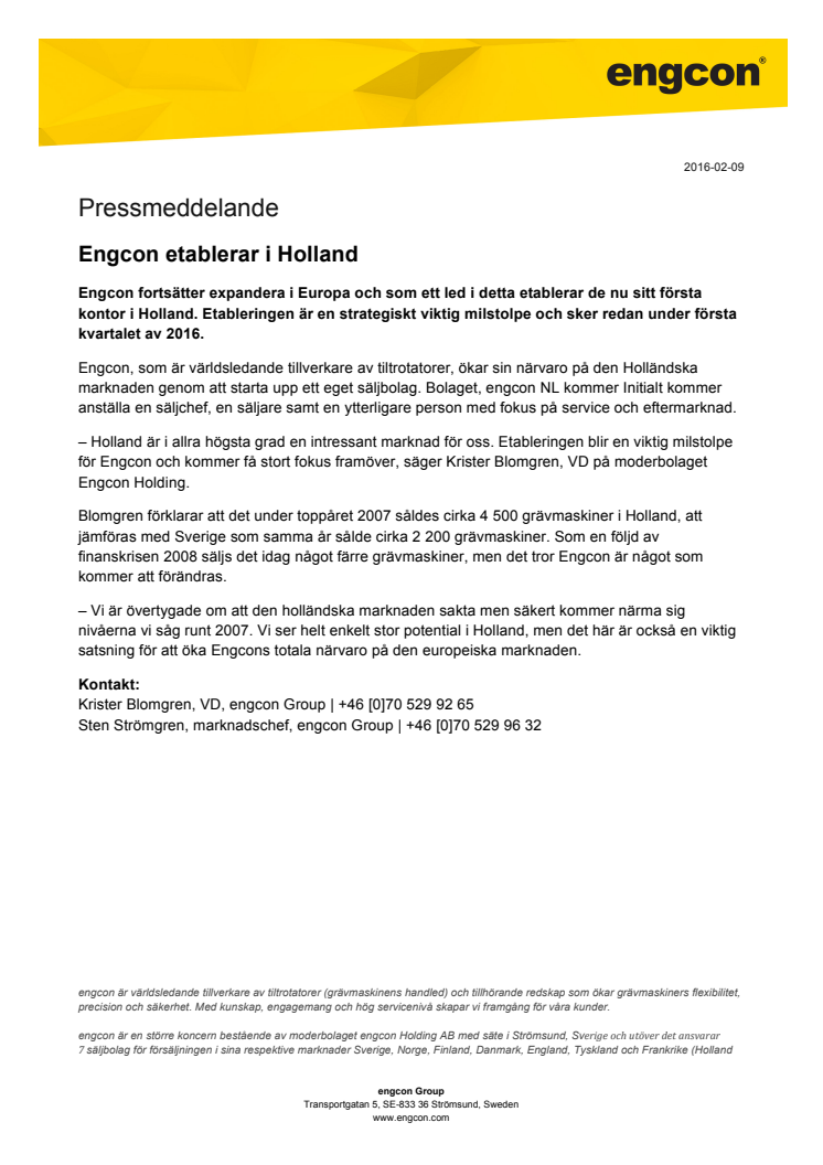 Engcon etablerar i Holland