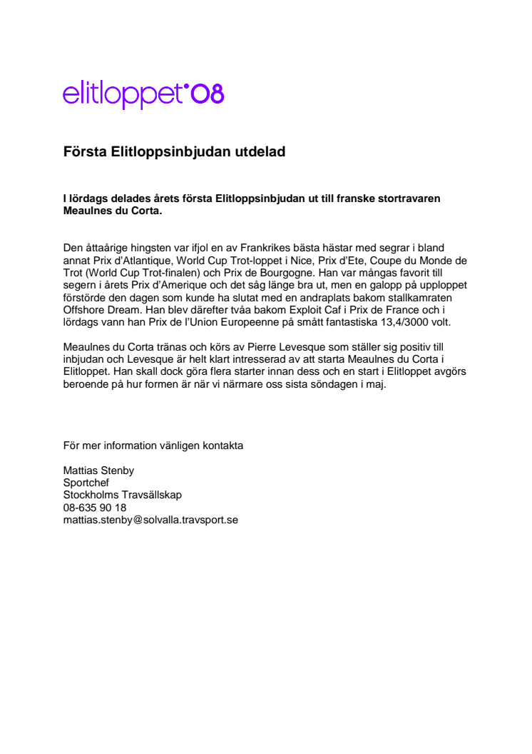 Första Elitloppsinbjudan utdelad