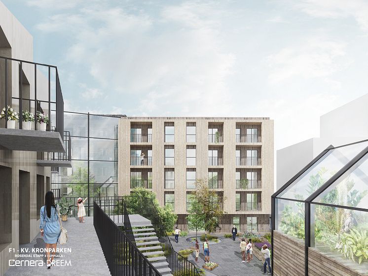Vy från gård Kv. Kronparken, Rosendal Uppsala.  Dreem Arkitekter