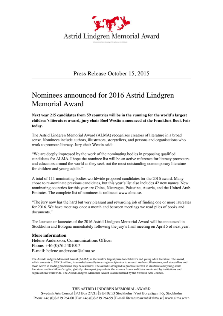 Nominees announced for 2016 Astrid Lindgren Memorial Award