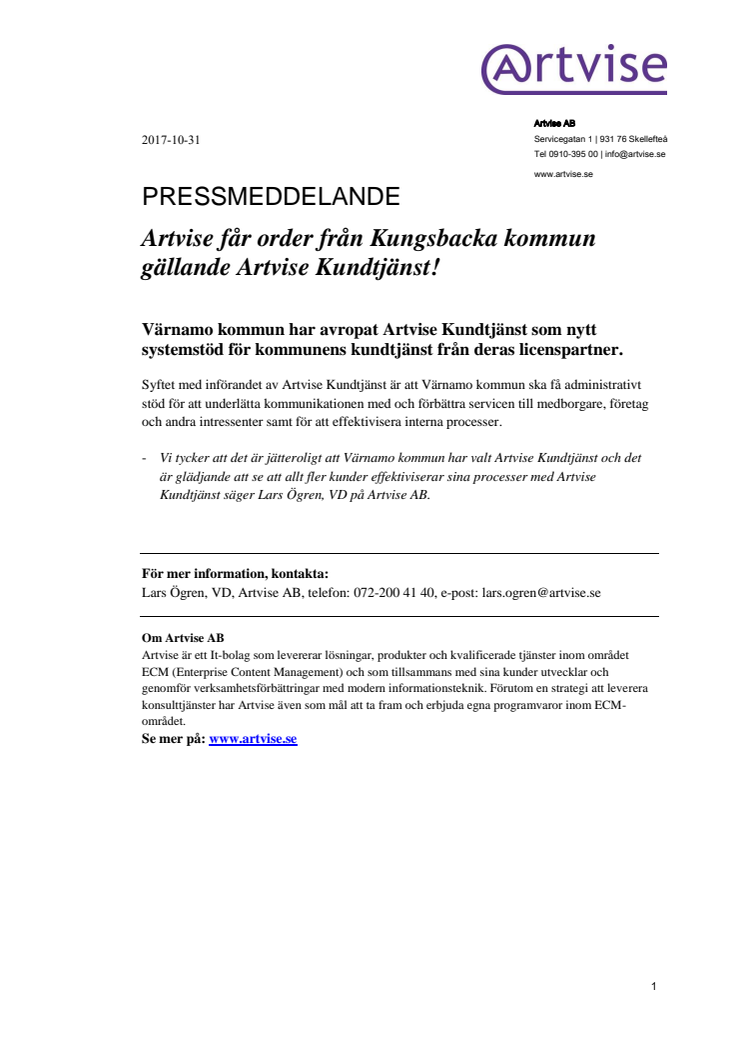 Artvise får order från Värnamo kommun gällande Artvise Kundtjänst