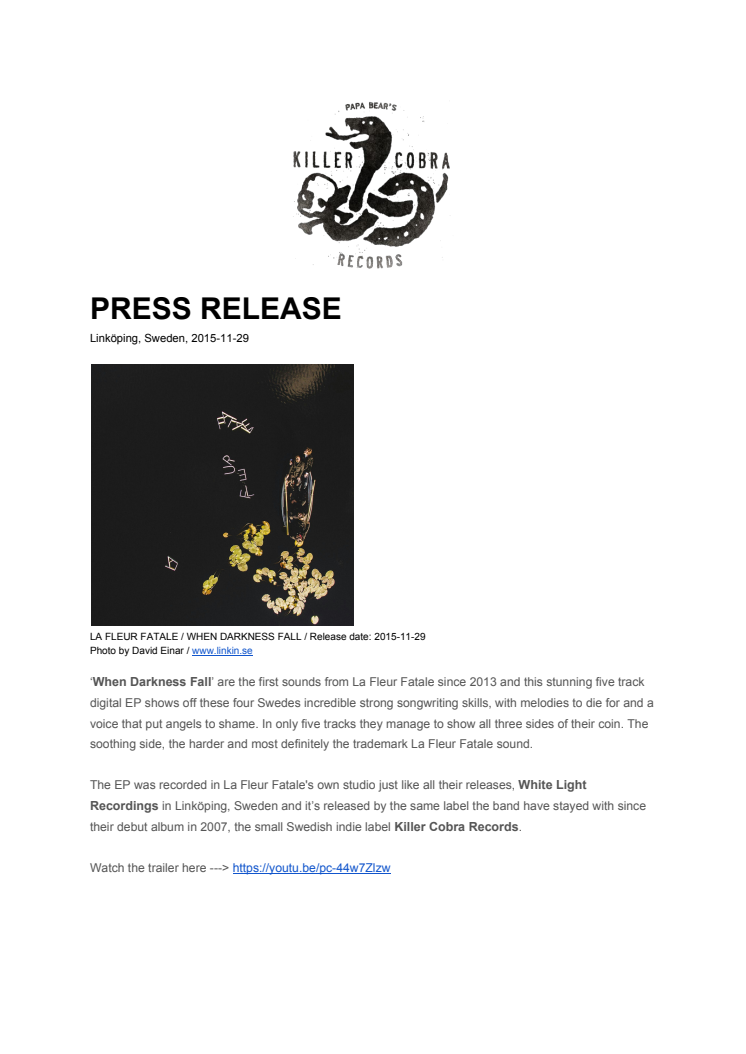 Pressrelease - La Fleur Fatale - WHEN DARKNESS FALL