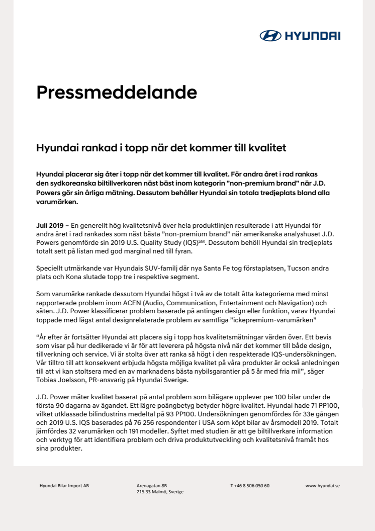 Hyundai rankad i topp när det kommer till kvalitet