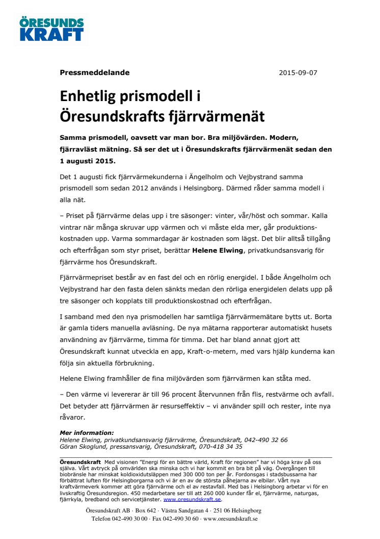 Enhetlig prismodell i Öresundskrafts fjärrvärmenät