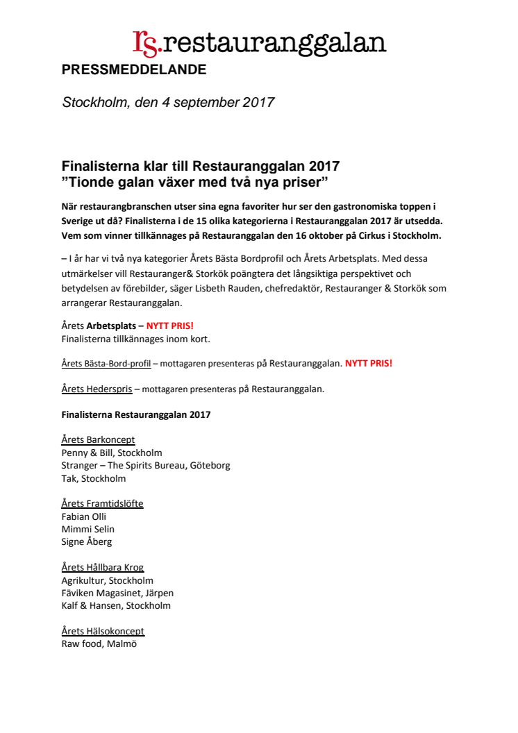 Finalisterna klar till Restauranggalan 2017 - ”Tionde galan växer med två nya priser”