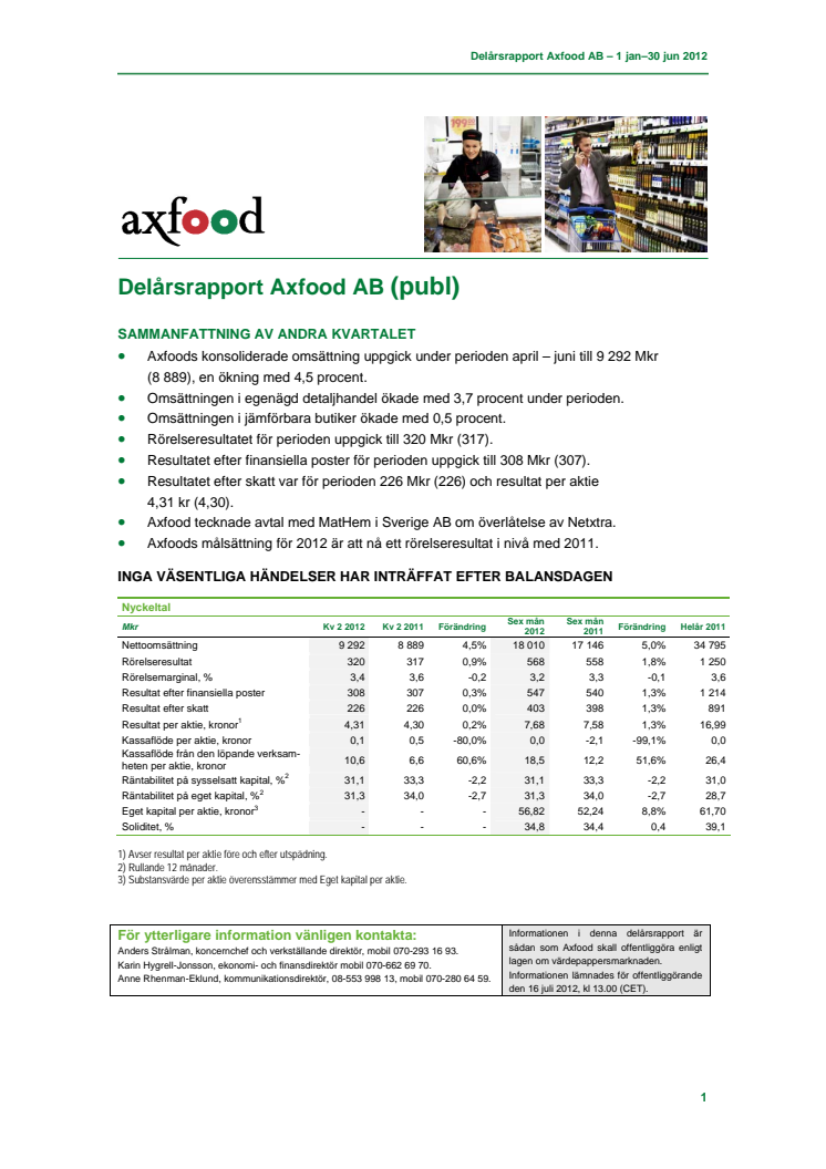 Delårsrapport Axfood AB Q2 2012