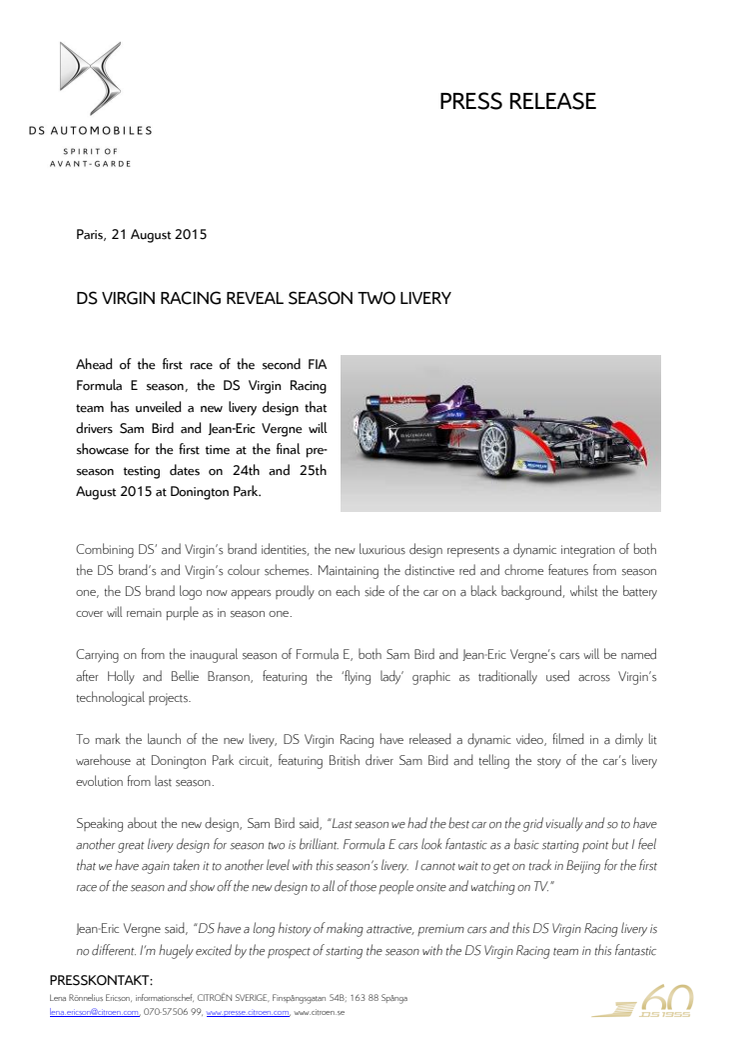 DS PERFORMANCE ny avdelning för motorsport. DS Virgin Racing visar första fotona på Formel E-bilen DSV-01 