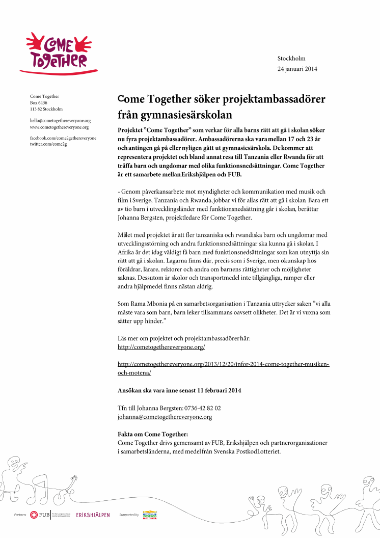 Come Together söker projektambassadörer från gymnasiesärskolan