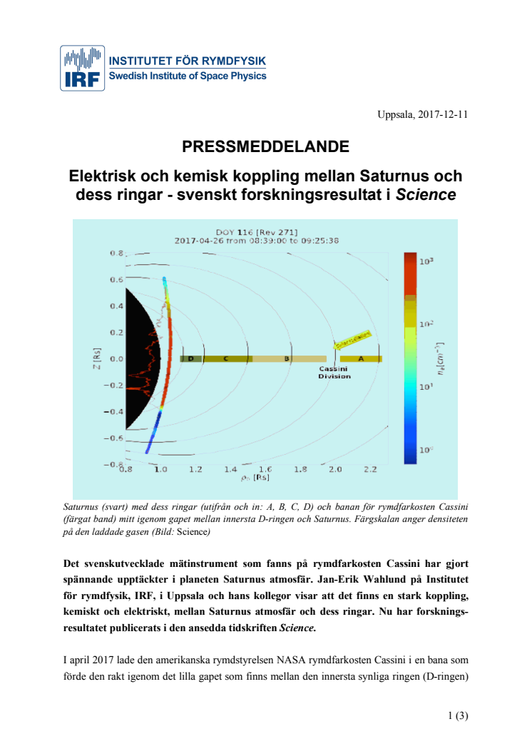 Elektrisk och kemisk koppling mellan Saturnus och dess ringar - svenskt forskningsresultat i Science