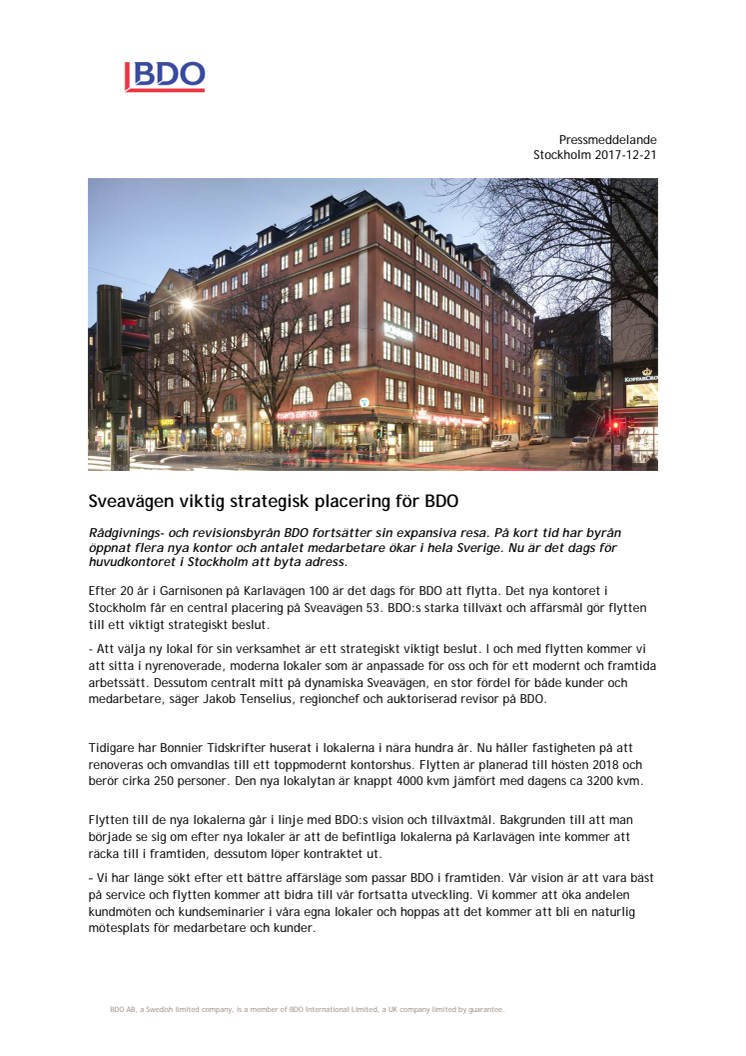 Sveavägen viktig strategisk placering för BDO