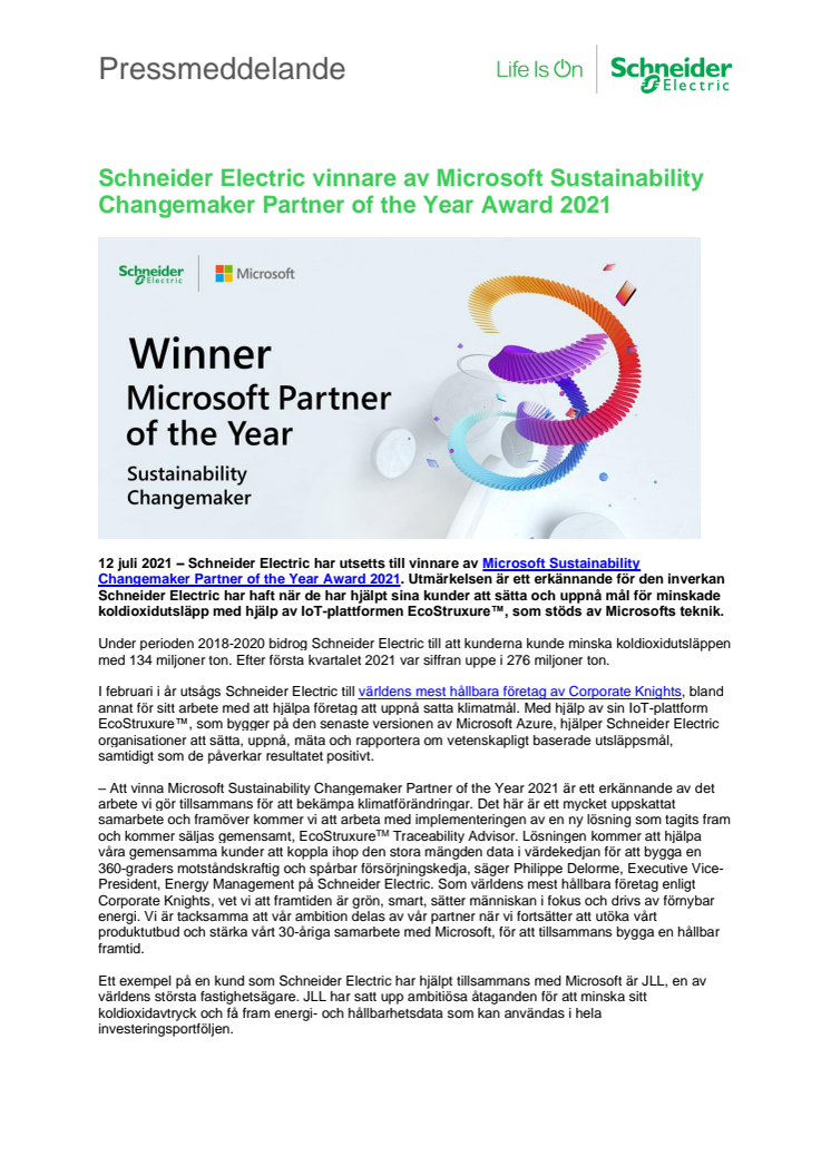 Schneider Electric vinnare av Microsoft Sustainability Changemaker Partner of the Year Award 2021