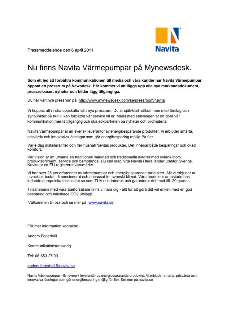 Nu finns Navita Värmepumpar på Mynewsdesk.
