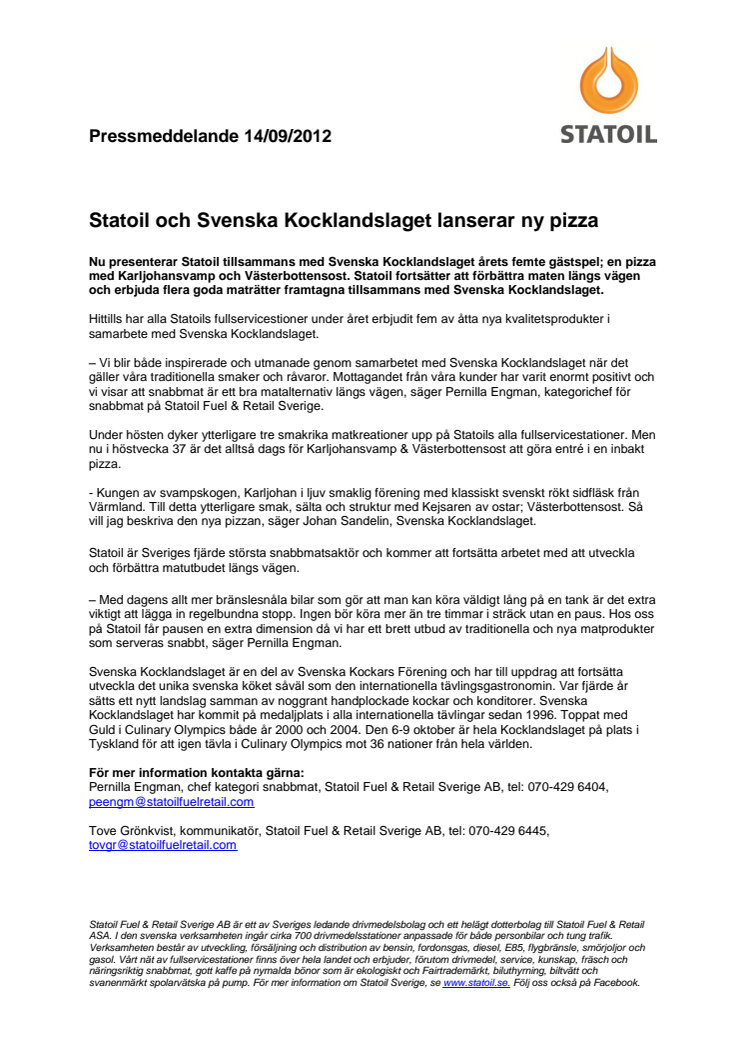 Statoil och Svenska Kocklandslaget lanserar ny pizza 