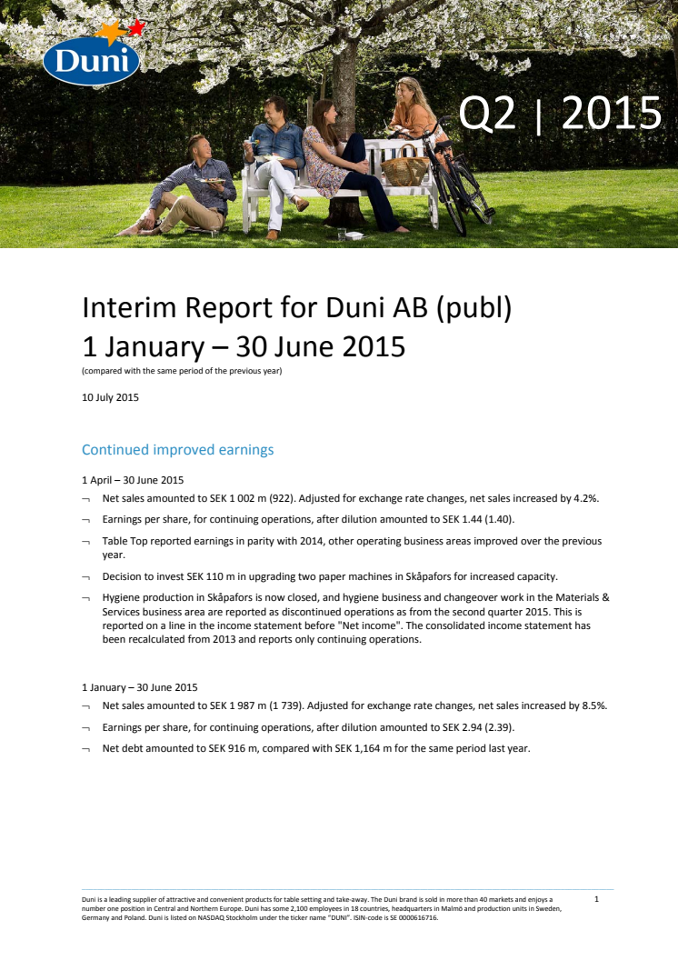 ​Interim Report for Duni AB (publ) 1 January – 30 June 2015